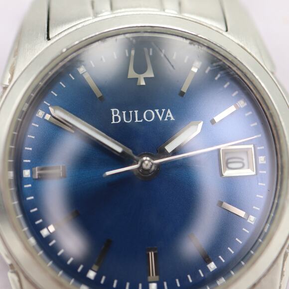 Bulova Womens Silver Tone Blue 26mm Date Watch 5.5" Steel Bracelet w New Battery - Picture 7 of 13